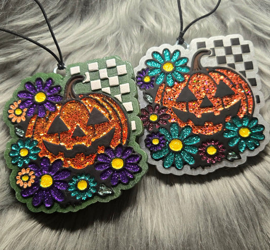 Jack-o-lantern with flowers & checker print